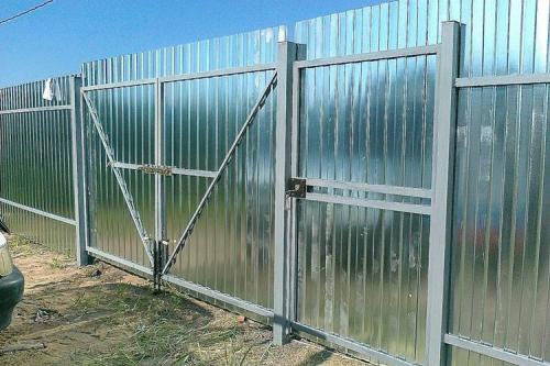 Распашные ворота с калиткой из профнастила. Монтаж ворот из профнастила